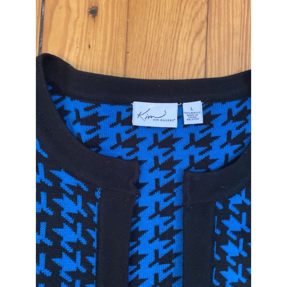 Kim‎ Rogers Cardigan Sweater Large  Blue Black Hounds Tooth Print Womens - Picture 2 of 7